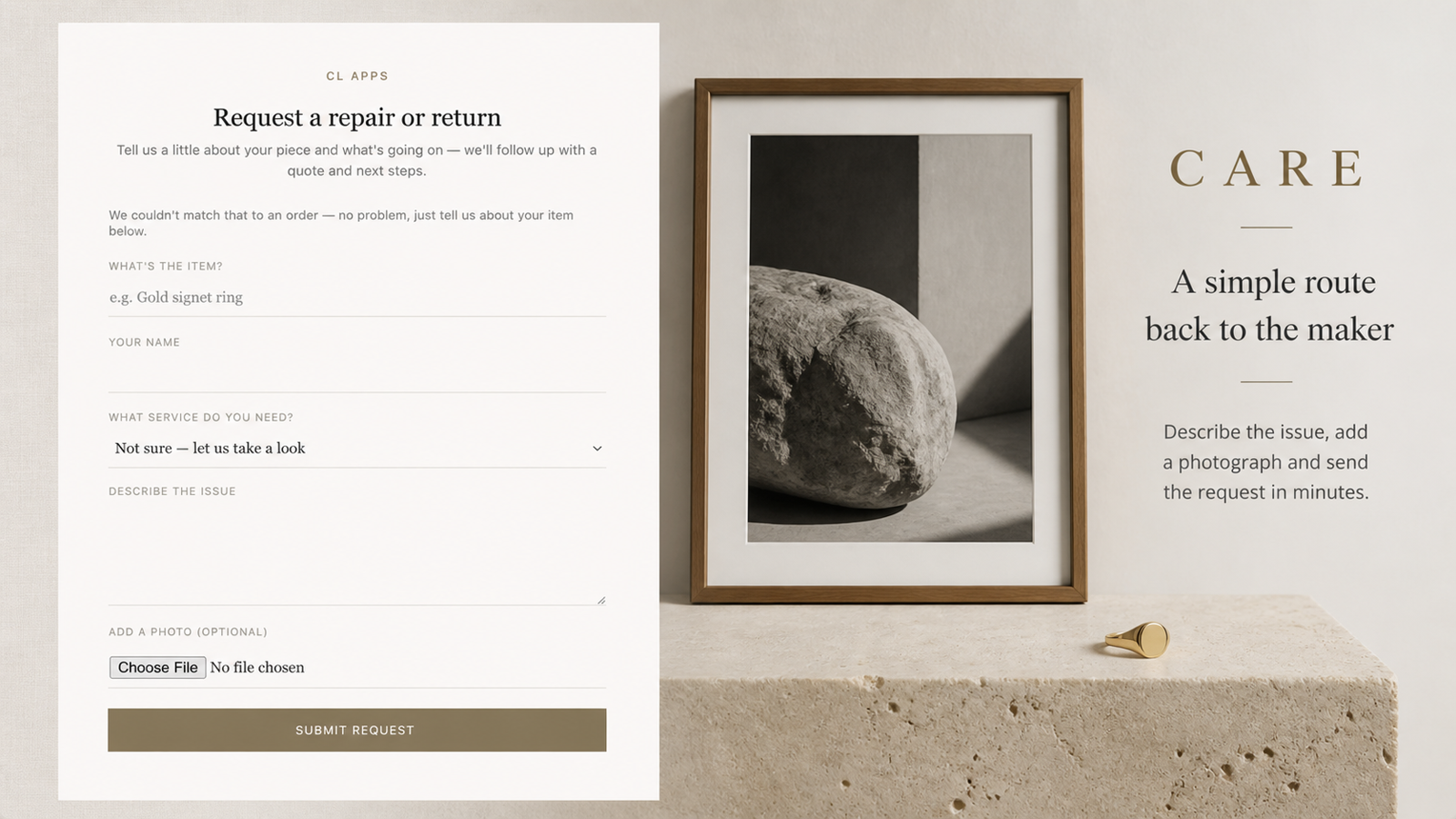 A simple branded form for requesting a repair or return
