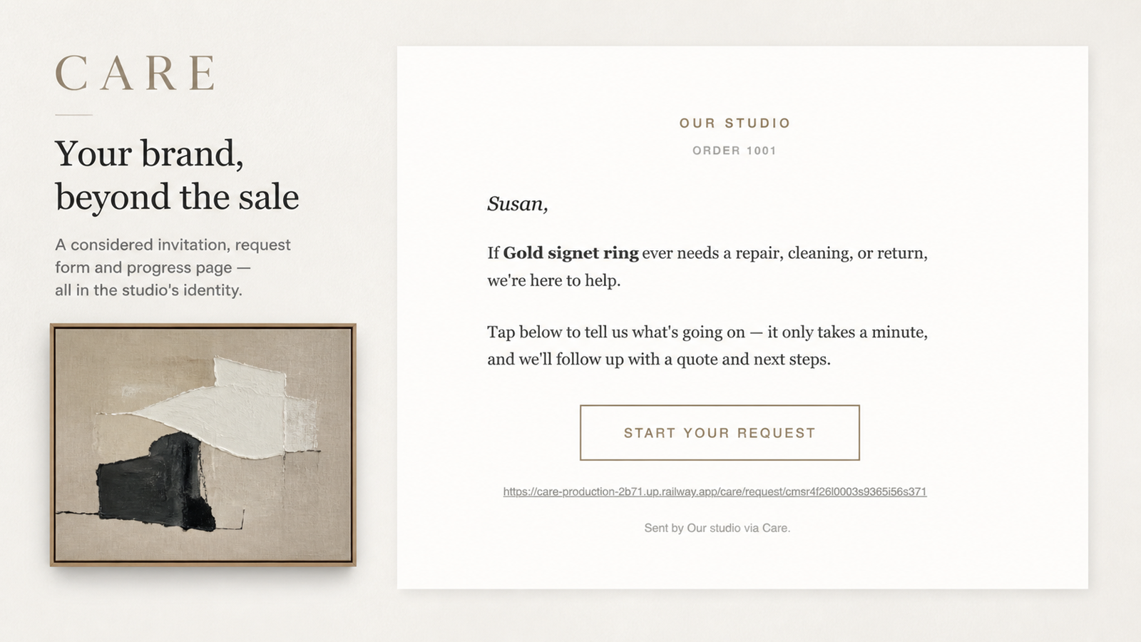 A branded aftercare invitation sent by a maker to their customer