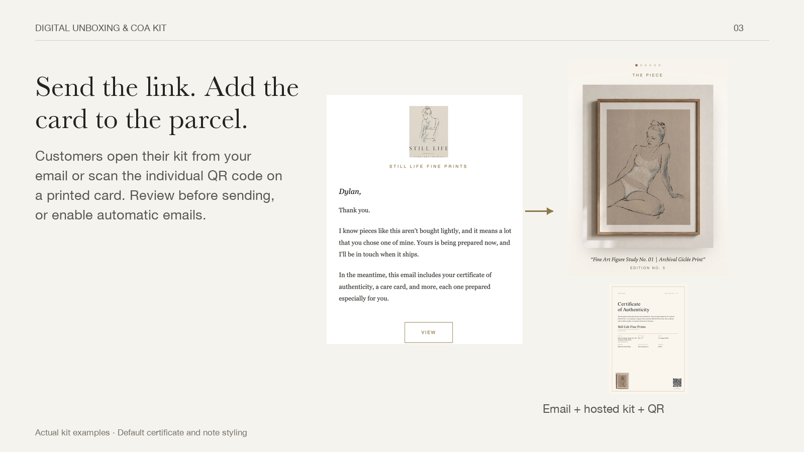 Digital email, print-ready certificate and QR-linked customer page